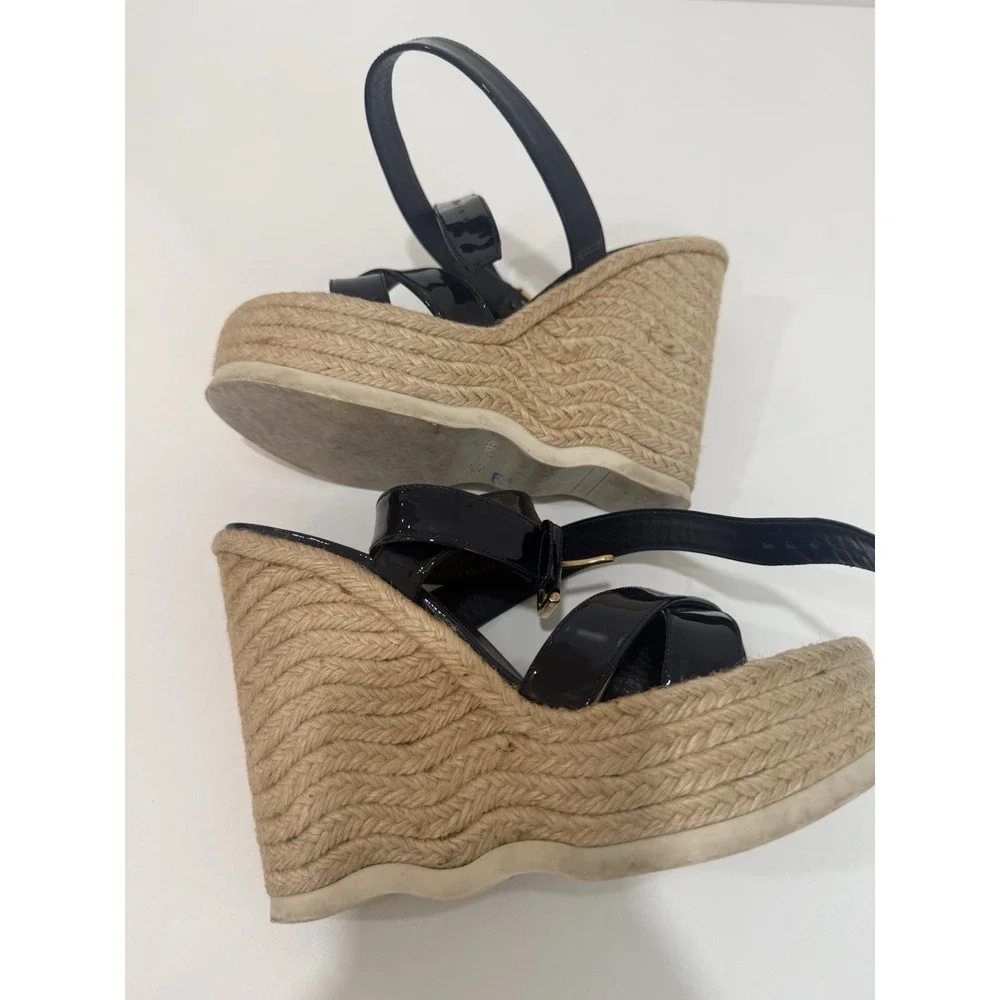 Yves Saint Laurent Espadrille Wedge Sandals Shoes Dark Blue Leather Size 37.5